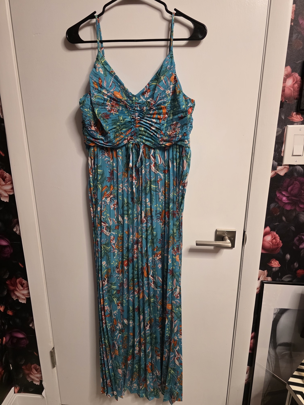 Skies Are Blue Teal Floral Maxi Dress with Spaghetti Straps
